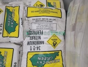 Kentucky Green 34-0-0 Ammonium Nitrate Fertilizer bags stacked for controlled environment agriculture applications showing oxidizer labeling