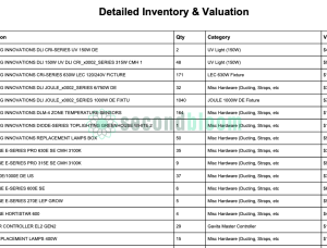 Detailed inventory valuation spreadsheet showing 16 rows of commercial grow lighting equipment from Dutch Lighting Innovations and Gavita brands, including quantities, categories, and CAD values totaling $899,450
